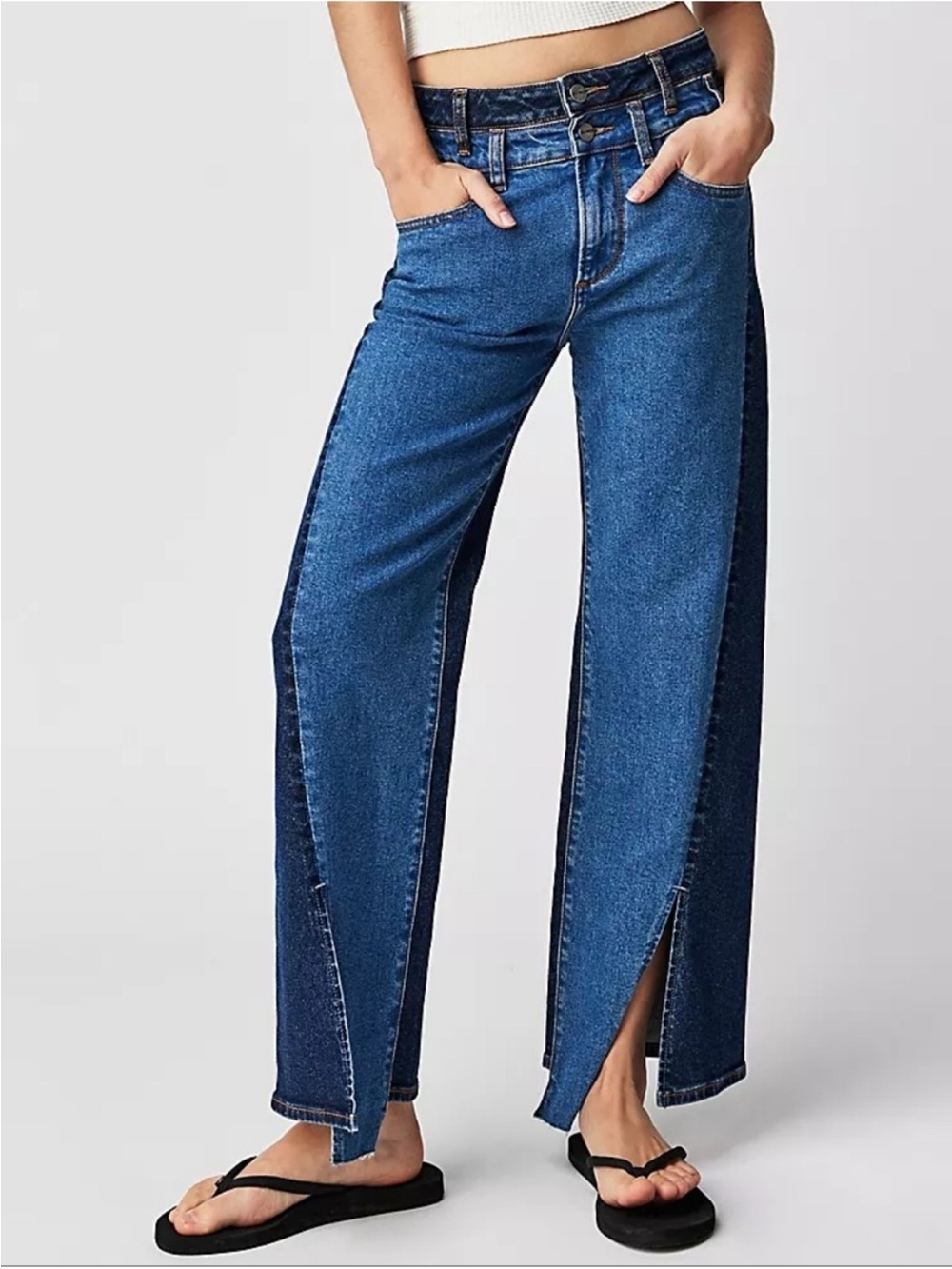 Driftwood Cece Two Tone Split Denim Cropped Jeans Dark Wash Festival Edgy 26